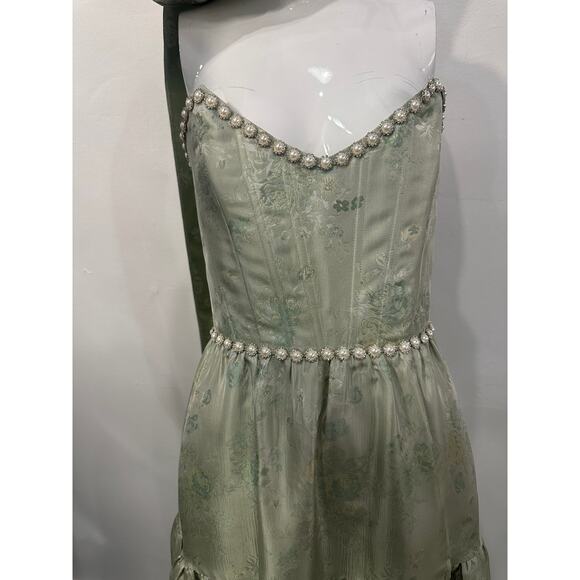 V. Chapman The Vivian Pearl Studded Slit Maxi Dress Sage Windsor Brocade Size 0 - Picture 7 of 9